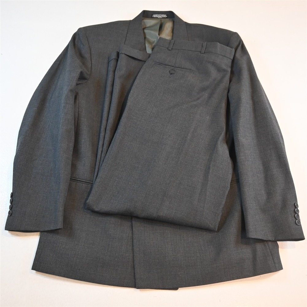Vtg Mens Double Breasted 44L 38x34 Gray Basketweave Wool Mens Jacket Pants Suit